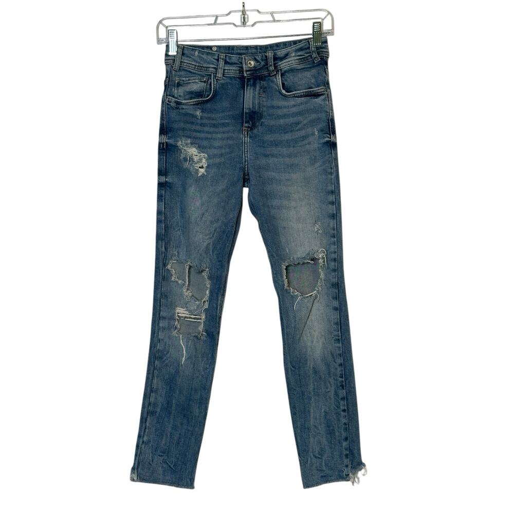 Zara Trafaluc Denimwear blue distressed straight leg jeans size 4